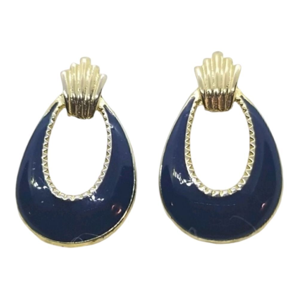 Dark Blue Earrings Open Oval Drop Gold Tone Pierced Earrings